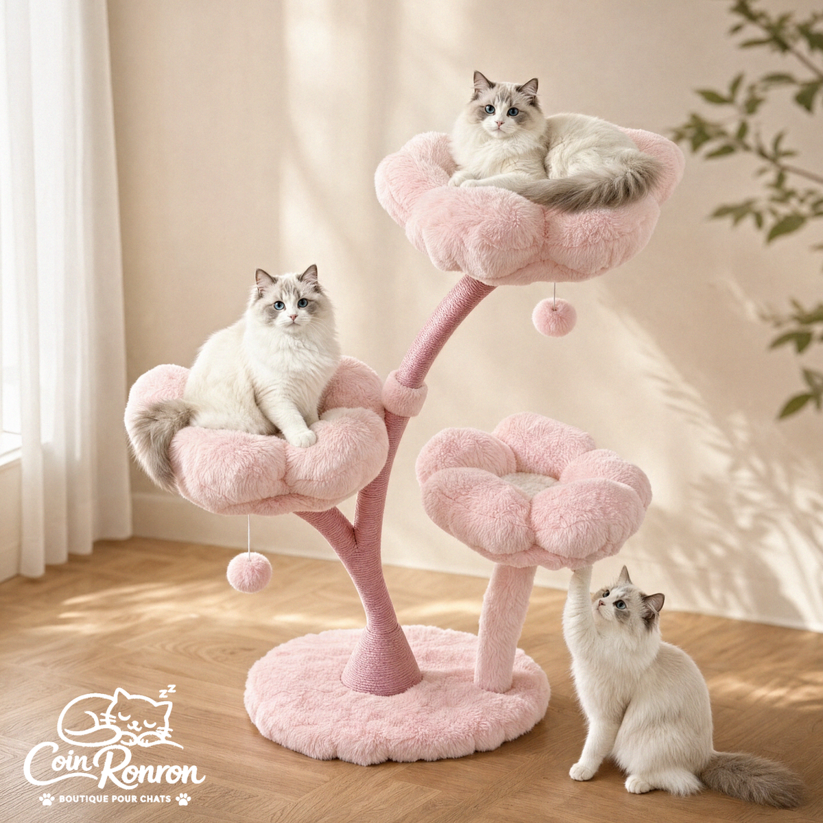 Arbre à chat fleur rose XXL Coin Ronron avec trois chats Ragdoll sur les plateformes moelleuses