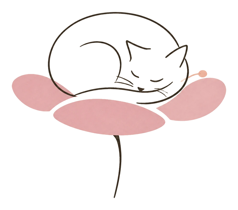 Dessin minimaliste d’un chat endormi sur une fleur rose